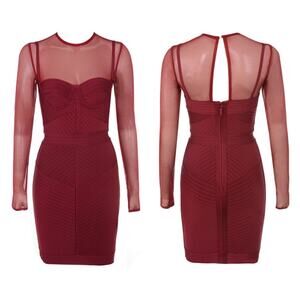 HOUSE OF CB Noelle Wine Red Bandage Mesh Dress Long Sleeve Sweetheart Neck NEW